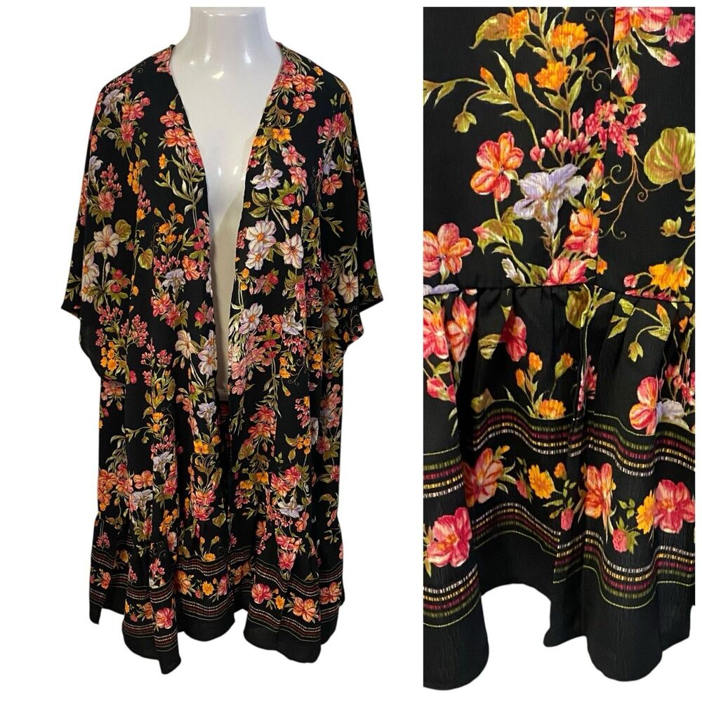 Floral Duster Kimono Long Line Cardigan Womens XL Dark Romantic Boho Cottage
